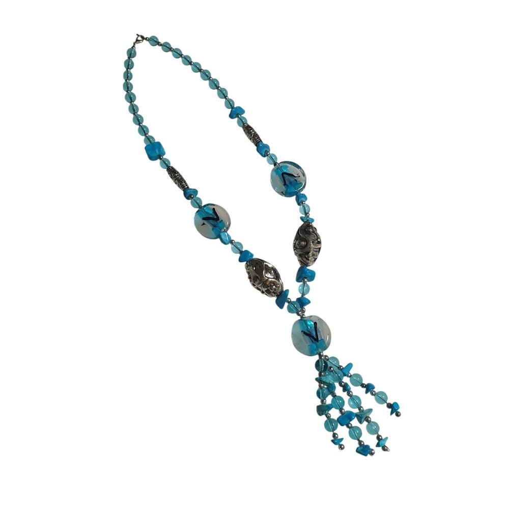 Blue Beaded Necklace Silver Accents Bohemian Style Glass Metal Pendant Tassel